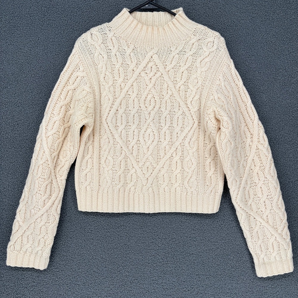 Limited America Hand Knit Wool Sweater Cream Cable Diamond Mock Neck Medium